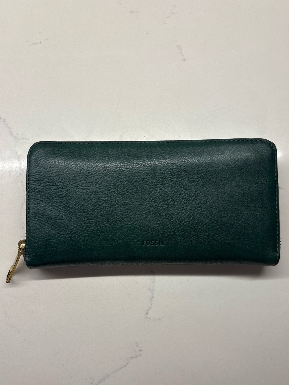 Fossil Zip-Around Leather Wallet in Teal Green with Gold Hardware
